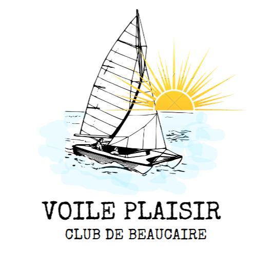 Logo image d'un catamaran voguant sur l'eau avec deux navigateurs à bord et un coucher de soleil en arrière plan